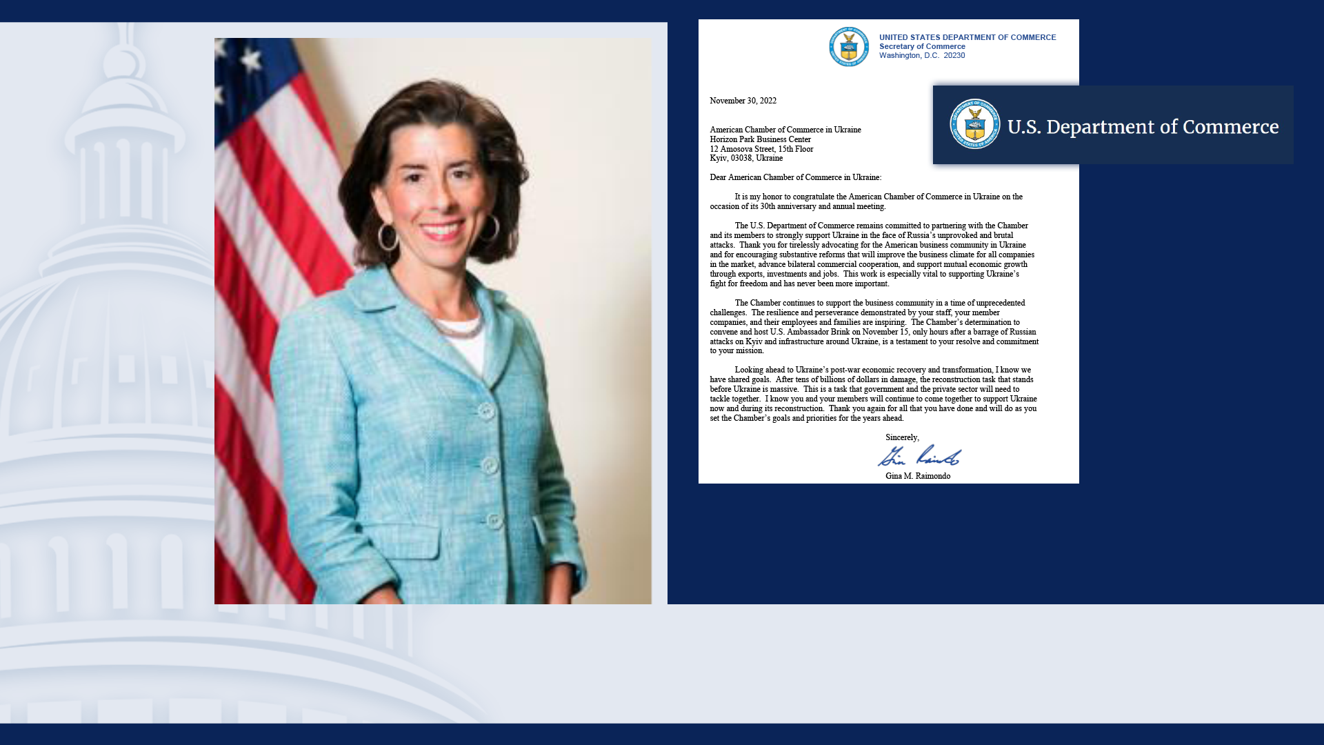 Letter from US Secretary of Commerce Gina Raimondo to AmCham Ukraine and its members